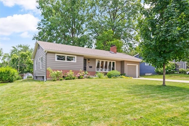 4717 W 76th St, Prairie Village, KS 66208 - ranch-style house with a chimney, a garage, a front yard, driveway, and brick siding