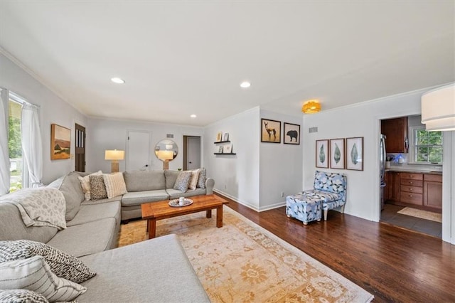 4717 W 76th St, Prairie Village, KS 66208 - living room with ornamental molding, dark wood-style flooring, and recessed lighting