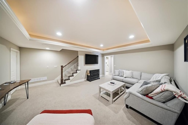 9158 W 178th Ter, Overland Park, KS 66013 - living area featuring a raised ceiling, stairway, recessed lighting, and carpet floors