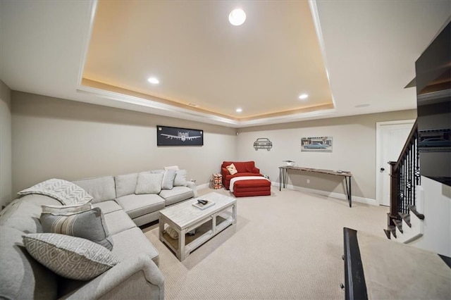 9158 W 178th Ter, Overland Park, KS 66013 - carpeted living area featuring a tray ceiling and recessed lighting