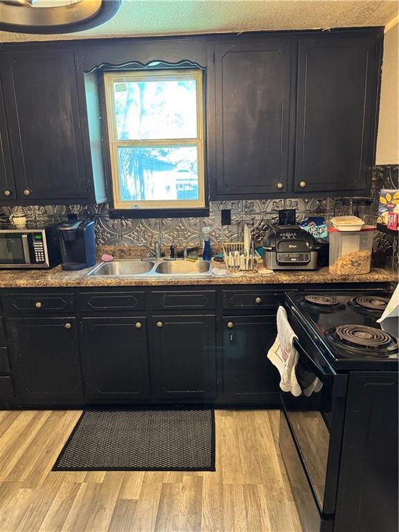 406 S 2nd St, Odessa, MO 64076 - kitchen with stainless steel microwave, black / electric stove, dark cabinetry, light wood-type flooring, and backsplash