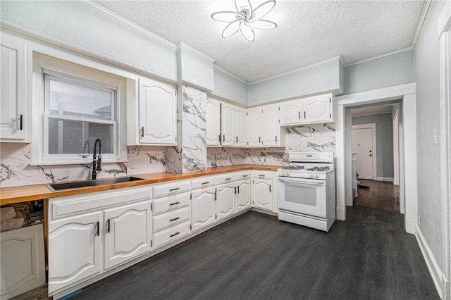 3344 Chestnut Ave, Kansas City, MO 64128 - kitchen featuring white gas stove, a textured ceiling, wood counters, dark wood finished floors, and backsplash
