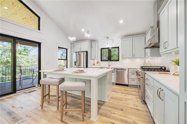 48 M St, Lake Lotawana, MO 64086 - kitchen with appliances with stainless steel finishes, exhaust hood, healthy amount of natural light, backsplash, and high vaulted ceiling