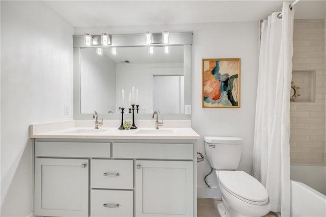 48 M St, Lake Lotawana, MO 64086 - full bath featuring double vanity and shower / bath combo with shower curtain
