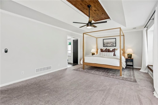 11245 S Penrose St, Olathe, KS 66061 - bedroom featuring carpet floors, ornamental molding, a ceiling fan, and wood ceiling