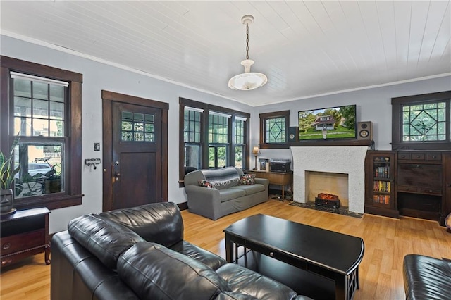 309 E Miami St, Paola, KS 66071 - living area with ornamental molding, plenty of natural light, light wood-style flooring, and a fireplace with flush hearth