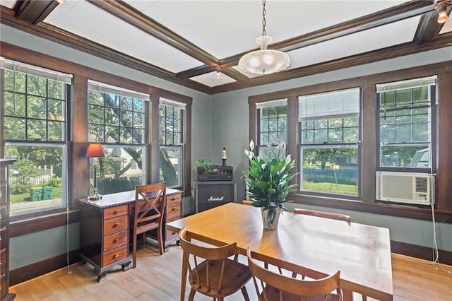 309 E Miami St, Paola, KS 66071 - dining area featuring light wood-style floors, a desk, cooling unit, and coffered ceiling