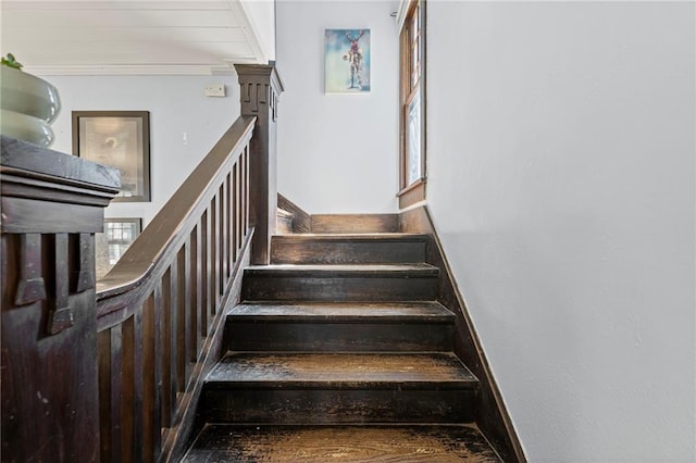 309 E Miami St, Paola, KS 66071 - stairway featuring healthy amount of natural light and ornamental molding