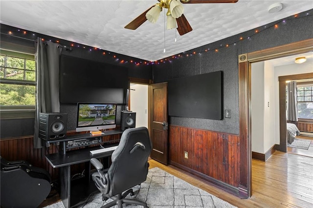 309 E Miami St, Paola, KS 66071 - office space featuring light wood finished floors, a ceiling fan, a wainscoted wall, and wood walls