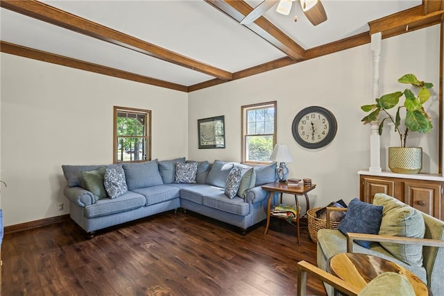 1124 S Locust St, Ottawa, KS 66067 - living area featuring beamed ceiling, ceiling fan, and dark wood-type flooring