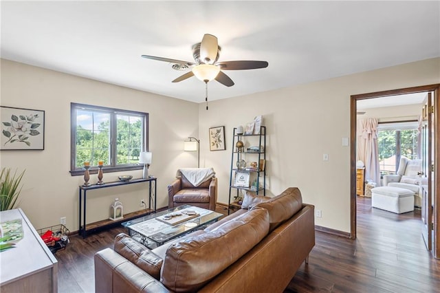 1124 S Locust St, Ottawa, KS 66067 - living room with a ceiling fan and dark wood finished floors