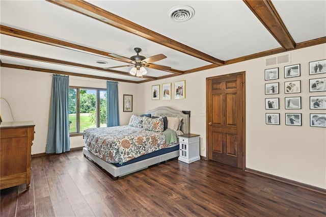 1124 S Locust St, Ottawa, KS 66067 - bedroom featuring beam ceiling, dark wood finished floors, and ceiling fan