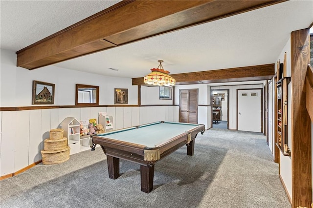 1124 S Locust St, Ottawa, KS 66067 - game room with a textured ceiling, carpet floors, beam ceiling, wainscoting, and pool table