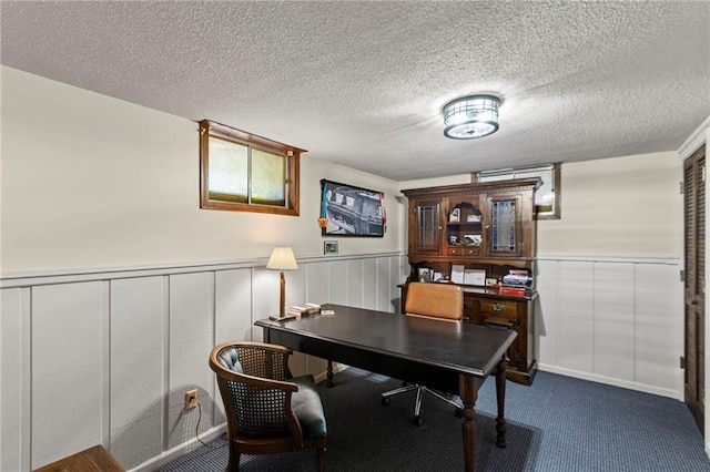 1124 S Locust St, Ottawa, KS 66067 - office area with dark colored carpet, wainscoting, a decorative wall, and a textured ceiling