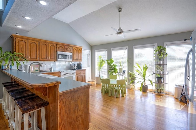 3945 N 123rd Ter, Kansas City, KS 66109 - kitchen with stainless steel microwave, white range with electric stovetop, ceiling fan, brown cabinetry, and light wood-type flooring