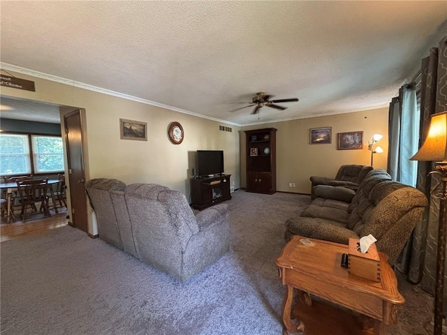 2425 Elephant Trl, Saint Joseph, MO 64506 - carpeted living room with ceiling fan, crown molding, and a textured ceiling