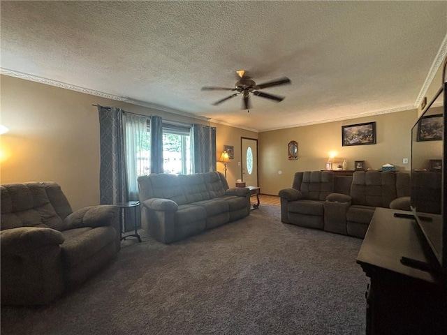 2425 Elephant Trl, Saint Joseph, MO 64506 - carpeted living area with ornamental molding, a textured ceiling, and a ceiling fan