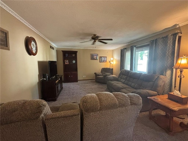 2425 Elephant Trl, Saint Joseph, MO 64506 - carpeted living room with ceiling fan, a textured ceiling, and ornamental molding
