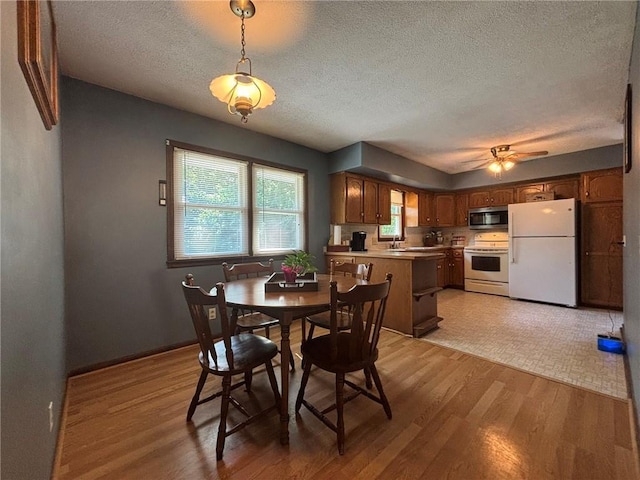 2425 Elephant Trl, Saint Joseph, MO 64506 - dining room featuring light wood finished floors, a textured ceiling, and a ceiling fan