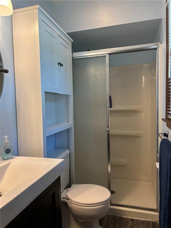 2425 Elephant Trl, Saint Joseph, MO 64506 - bathroom with a stall shower, vanity, and wood finished floors