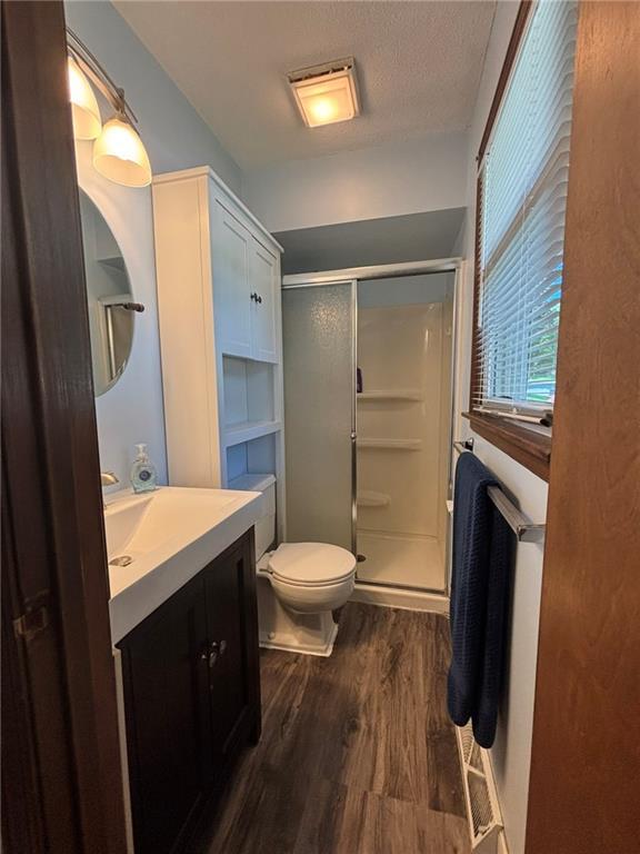 2425 Elephant Trl, Saint Joseph, MO 64506 - bathroom with a stall shower, vanity, and wood finished floors