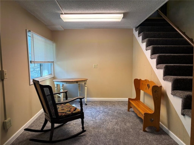 2425 Elephant Trl, Saint Joseph, MO 64506 - living area featuring stairway, carpet flooring, and a textured ceiling