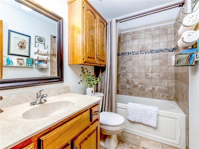 28804 E 116th St, Lees Summit, MO 64086 - full bath featuring vanity, shower / bath combo with shower curtain, a textured ceiling, and tile patterned flooring