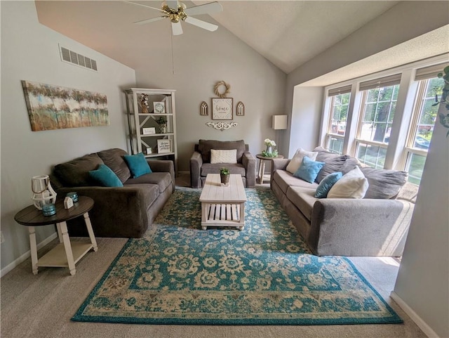 22030 W 51st Ter, Shawnee, KS 66226 - living room with a ceiling fan, lofted ceiling, and carpet floors