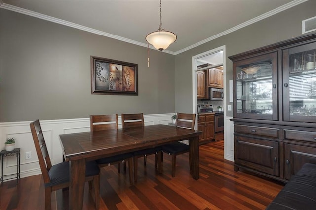 3132 SW Damon Ln, Lees Summit, MO 64082 - dining area featuring ornamental molding, dark wood-style floors, wainscoting, and a decorative wall