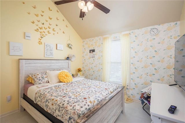3132 SW Damon Ln, Lees Summit, MO 64082 - bedroom featuring vaulted ceiling, ceiling fan, and wallpapered walls