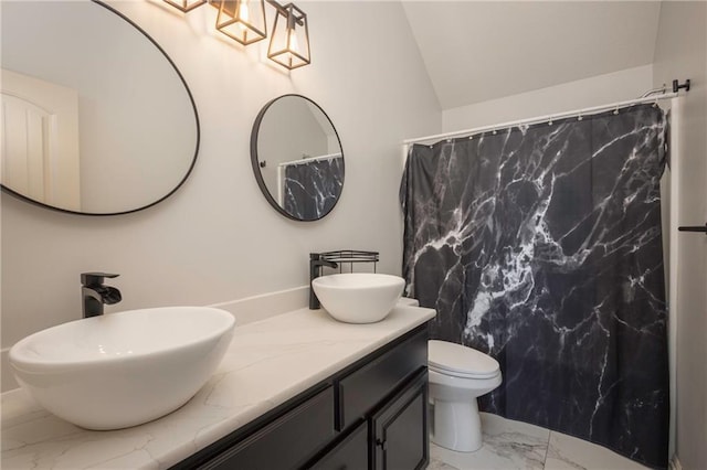 3132 SW Damon Ln, Lees Summit, MO 64082 - full bathroom featuring marble look tiles, double vanity, a shower with shower curtain, and vaulted ceiling