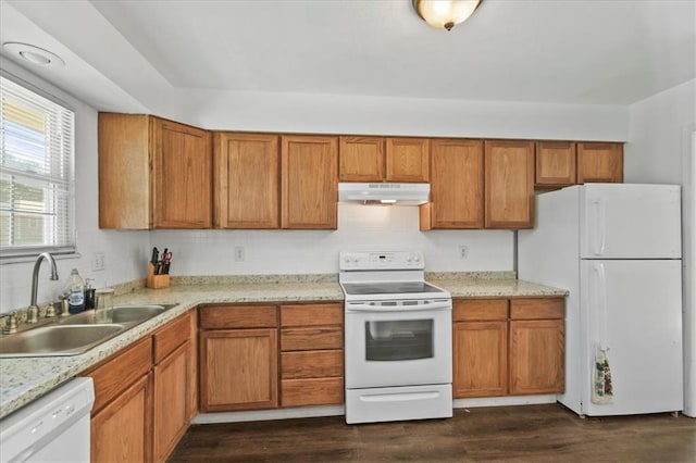 1916 NE Patterson Dr, Lees Summit, MO 64086 - kitchen with white appliances, under cabinet range hood, brown cabinetry, and dark wood-type flooring