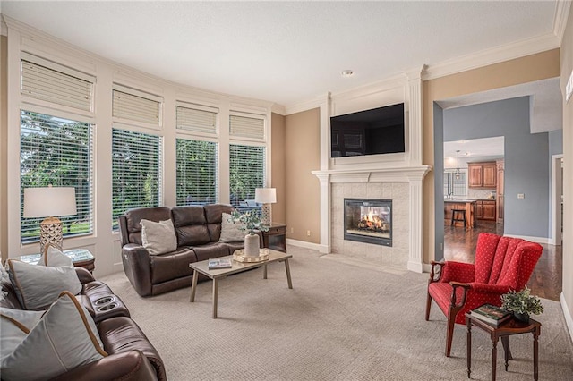 14622 S Garnett St, Olathe, KS 66062 - living room with ornamental molding, healthy amount of natural light, a tile fireplace, and carpet