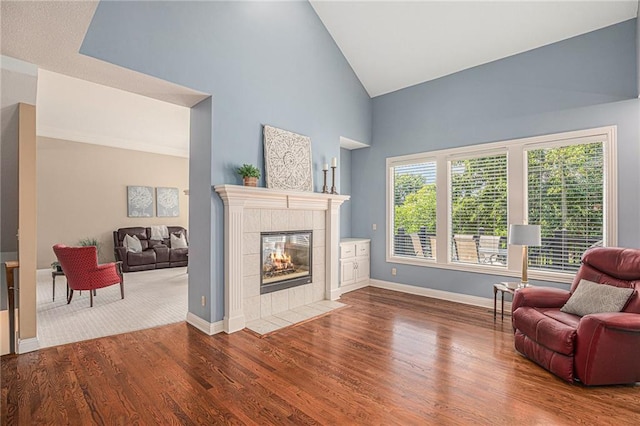 14622 S Garnett St, Olathe, KS 66062 - sitting room with high vaulted ceiling, wood finished floors, and a fireplace