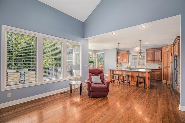 14622 S Garnett St, Olathe, KS 66062 - living room featuring vaulted ceiling, dark wood finished floors, and recessed lighting