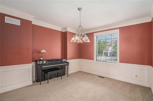 14622 S Garnett St, Olathe, KS 66062 - sitting room with a chandelier, carpet floors, ornamental molding, a wainscoted wall, and a decorative wall