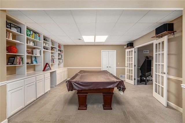 14622 S Garnett St, Olathe, KS 66062 - playroom with french doors, light colored carpet, a paneled ceiling, and billiards table