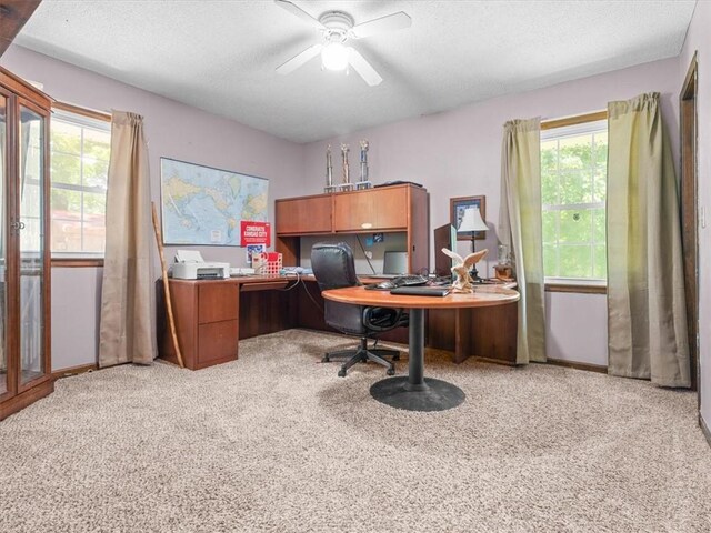 1490 216th St, Lathrop, MO 64465 - home office featuring a textured ceiling, light carpet, and ceiling fan