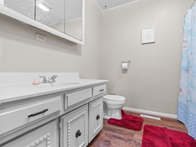 1490 216th St, Lathrop, MO 64465 - bathroom with vanity, wood finished floors, a shower with shower curtain, and crown molding