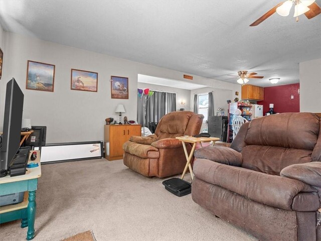 1490 216th St, Lathrop, MO 64465 - carpeted living area featuring a ceiling fan, baseboard heating, and a textured ceiling