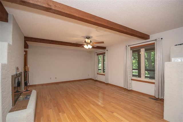 918 King St, Baldwin City, KS 66006 - unfurnished living room featuring beamed ceiling, light wood-type flooring, healthy amount of natural light, a ceiling fan, and a fireplace with raised hearth