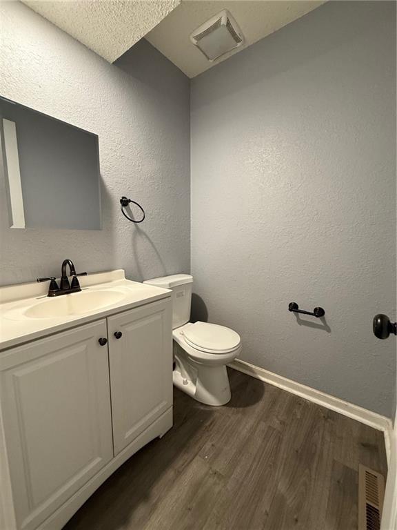 401-07 NE Highland Ln, Blue Springs, MO 64014 - bathroom with wood finished floors, vanity, and a textured wall