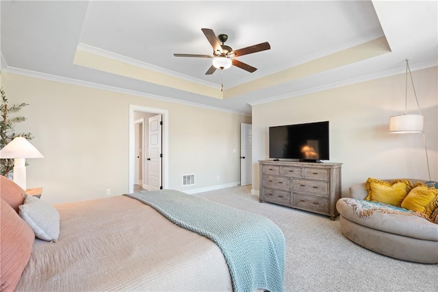 2768 SW 12th Ter, Lees Summit, MO 64081 - carpeted bedroom with a tray ceiling, ornamental molding, and ceiling fan