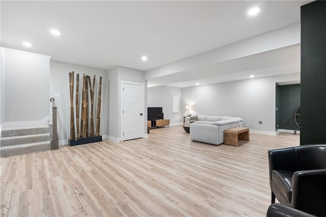 2768 SW 12th Ter, Lees Summit, MO 64081 - living room featuring light wood-style floors, recessed lighting, and stairs