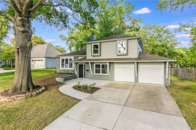9909 Juniper Ln, Overland Park, KS 66207 - split level home featuring a chimney, a garage, brick siding, concrete driveway, and roof with shingles