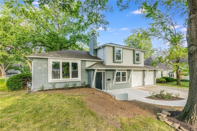 9909 Juniper Ln, Overland Park, KS 66207 - tri-level home featuring concrete driveway, brick siding, a chimney, and a front yard