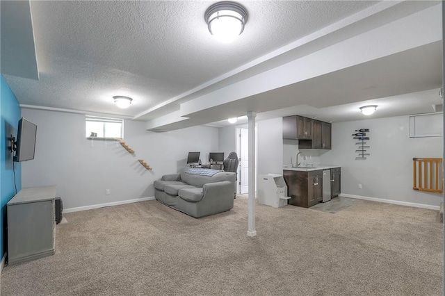 1921 SW 4th St, Lees Summit, MO 64081 - basement featuring a textured ceiling, light colored carpet, and bar with sink