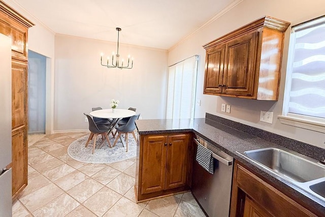 12748 Walker Ave, Kansas City, KS 66109 - kitchen with dishwasher, a chandelier, dark countertops, ornamental molding, and a peninsula