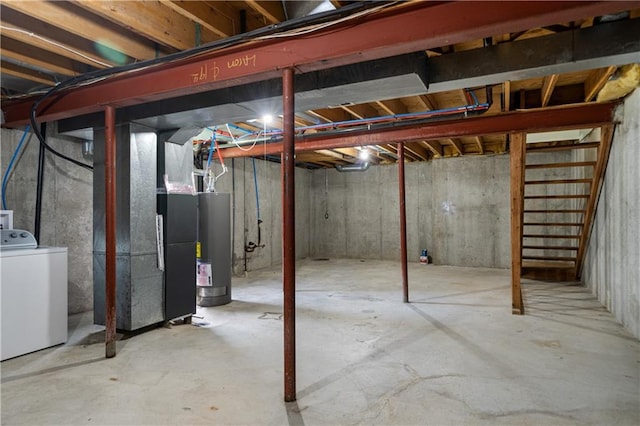 1304 E 41st St, Kansas City, MO 64110 - unfinished basement featuring washer / dryer, gas water heater, and stairway