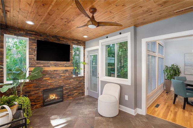 4140 W 131st Ter, Leawood, KS 66209 - interior space with wood ceiling, plenty of natural light, ceiling fan, and a stone fireplace